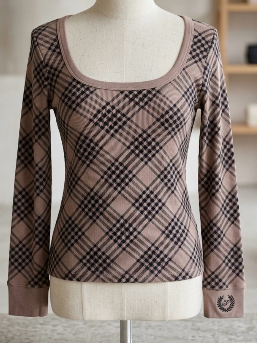 PINK Victoria's Secret Taupe Plaid Scoop-Neck Long Sleeve Top